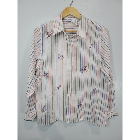 Alfred Dunner Tops - Alfred Dunner Womens Striped Floral Embroidered Button Down Shirt Size 14
